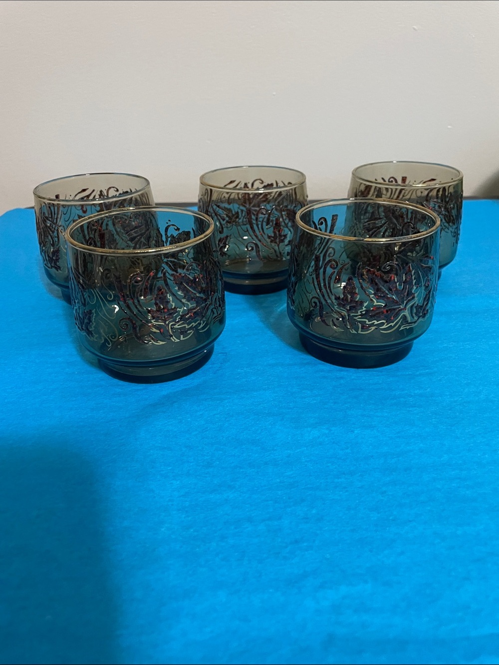 MCM Set of 5 Smoke Glass Tumblers with Gold Filigree